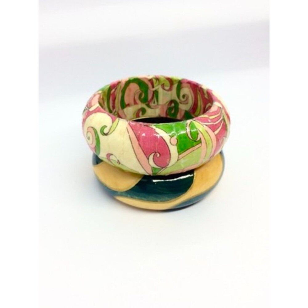Vintage Bangle Set Chunky Wood Plastic Paisley Wide Retro Statement Bracelet